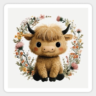 Baby Highland Cow in a Floral Wreath - Farmcore Nursery Art Magnet